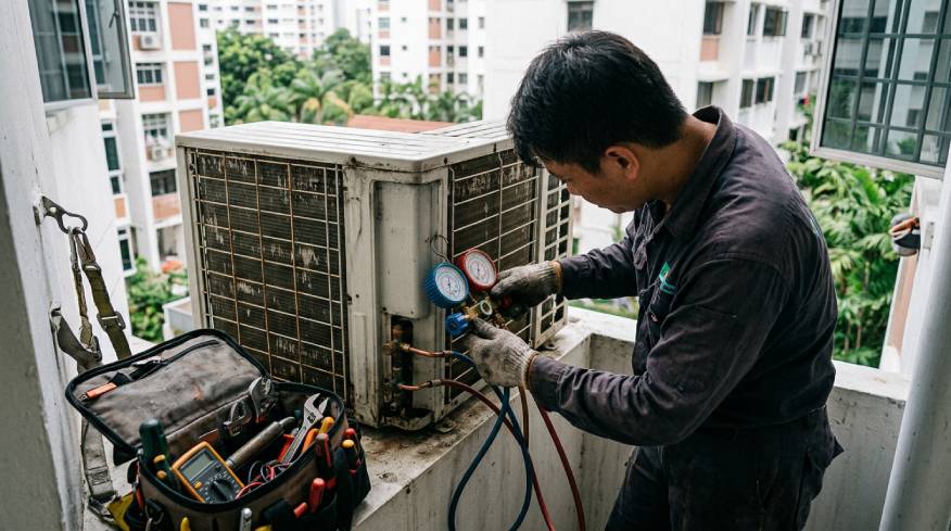 Technician checking refrigerant before aircon gas top up Woodlands